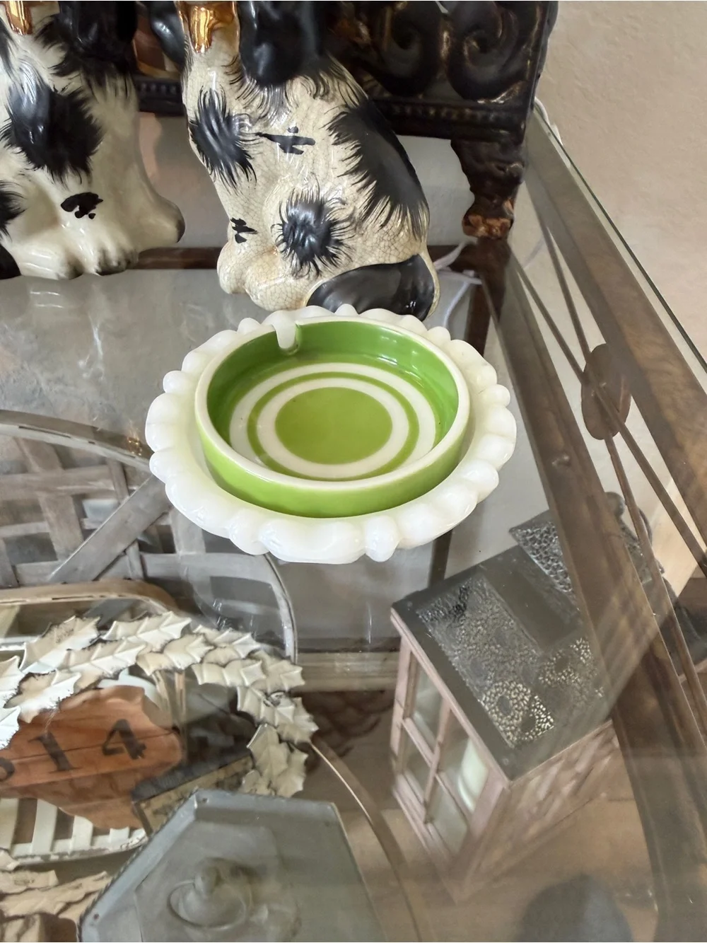 Vintage Milk Glass Dish & Green Striped Ceramic Ashtray – Trinket Dish